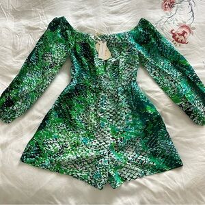 NWT Anthropologie Plenty by Tracy Reese off shoulder peasant romper green python